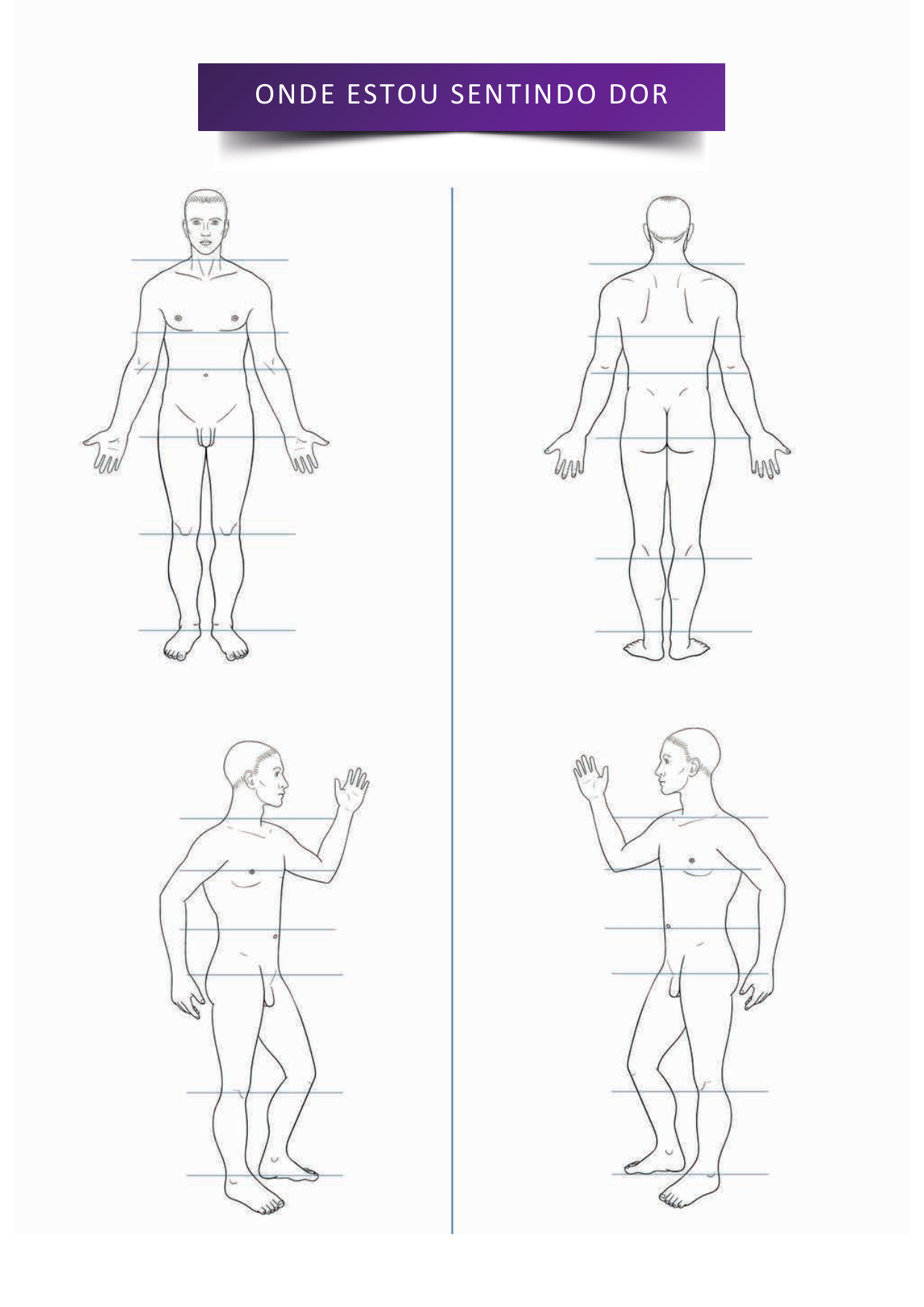 Mapa corporal masculino com vistas frontal, posterior e laterais